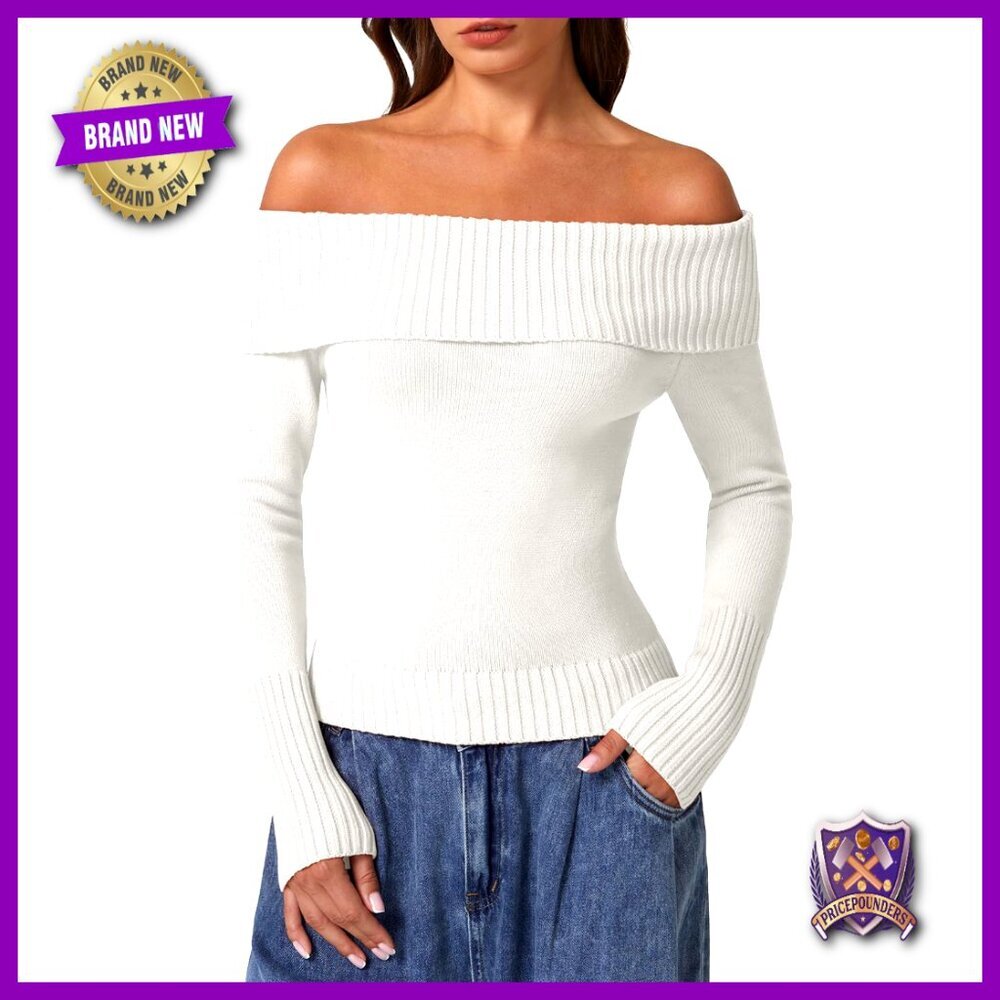 Off Shoulder Ribbed Cotton Pullover Sweater Long Sleeve Slim Fit
